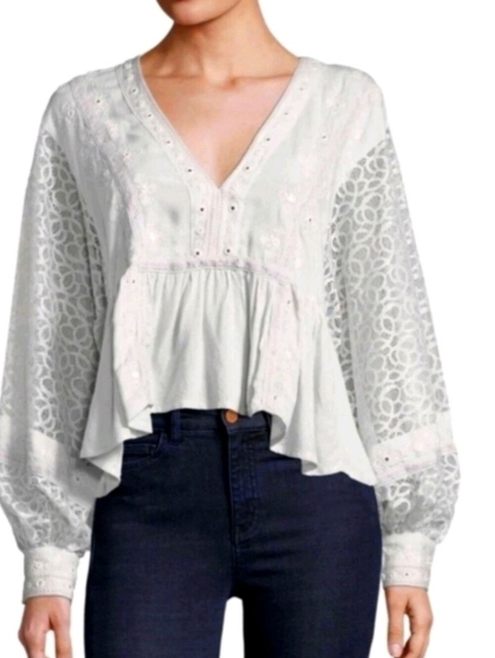 Free People Cropped Lace Sleeves Blouse